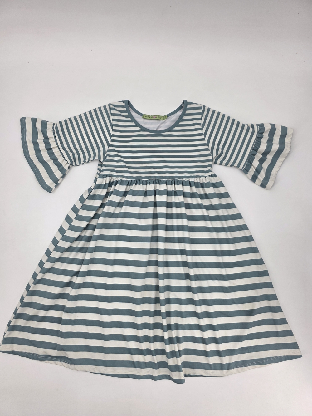 Millie Loves Lily Striped Teal and White Girls' Bell Sleeve Dress